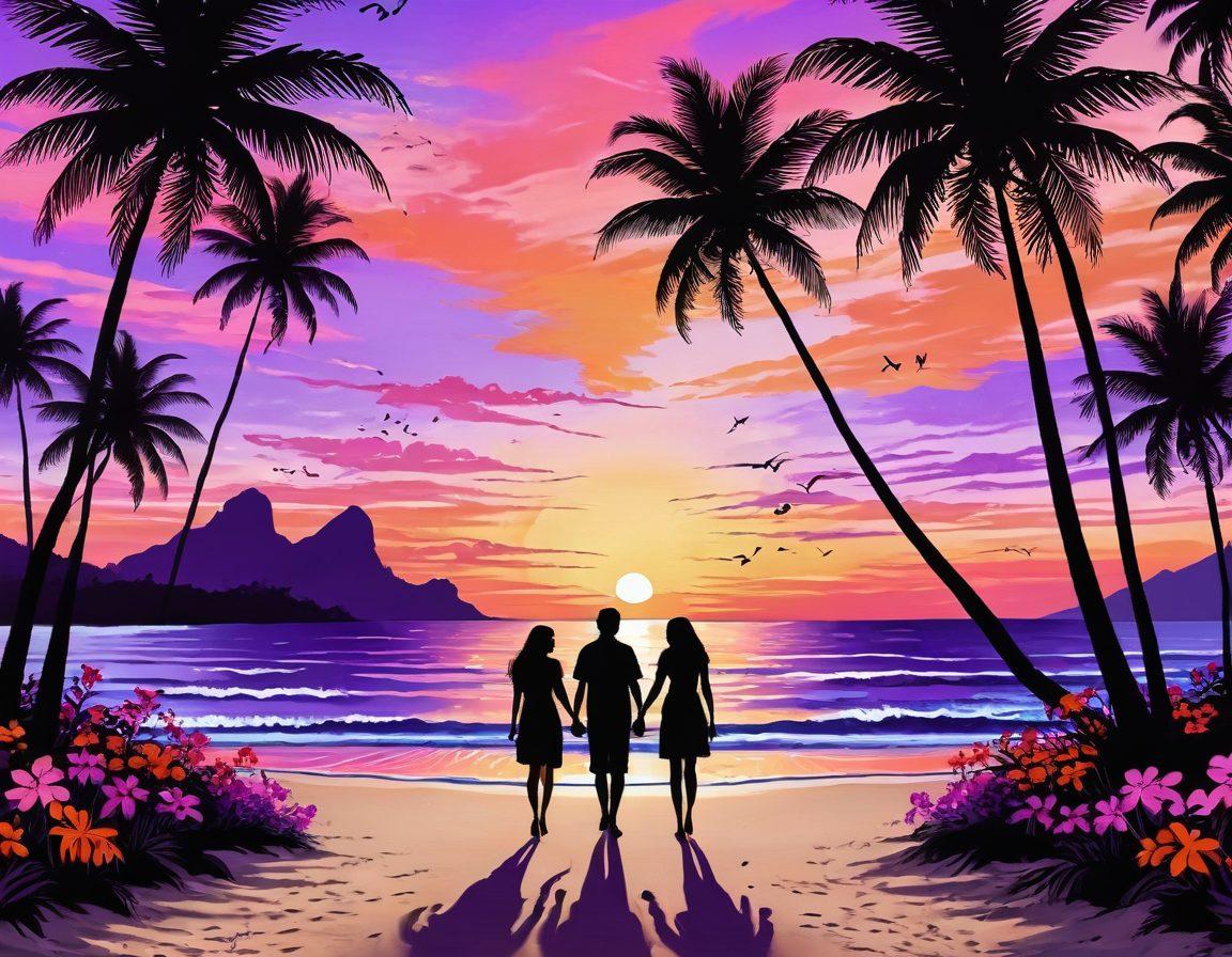 A serene tropical beach at sunset, with soft waves lapping at the shore, two silhouettes of lovers walking hand in hand, surrounded by palm trees and vibrant flowers. Sweet, warm colors of orange, pink, and purple fill the sky, creating an atmosphere of romance and connection. Include heart-shaped motifs subtly integrated into the sand. super-realistic. vibrant colors. tranquil atmosphere.