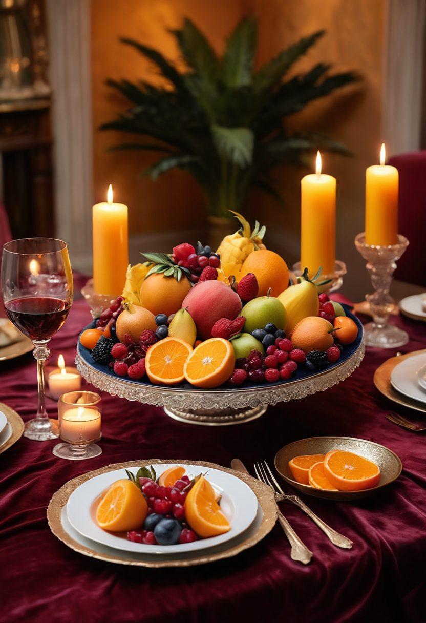 A warm, intimate setting featuring a beautifully set dining table with exotic fruits and decadent desserts, surrounded by flickering candles and soft, romantic lighting. Include elements like intertwined hands reaching for a shared treat, symbolizing connection and passion. The background should have plush textures, like velvet and silk, enhancing the feeling of intimacy. super-realistic. vibrant colors. soft focus.